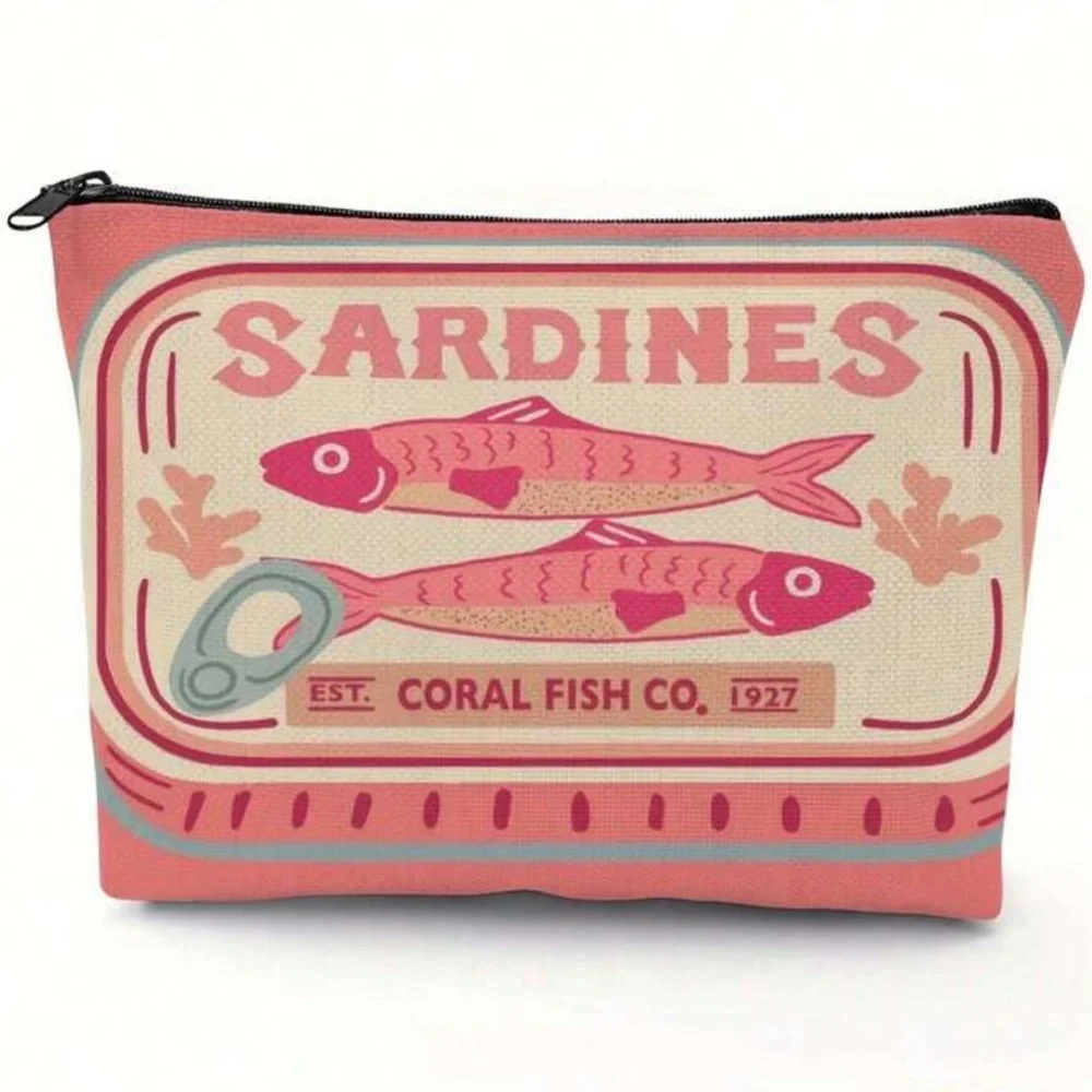 New Pink and Cream Sardines Make Up Carryall Canvas Zip Top Pouch OS - Picture 1 of 15